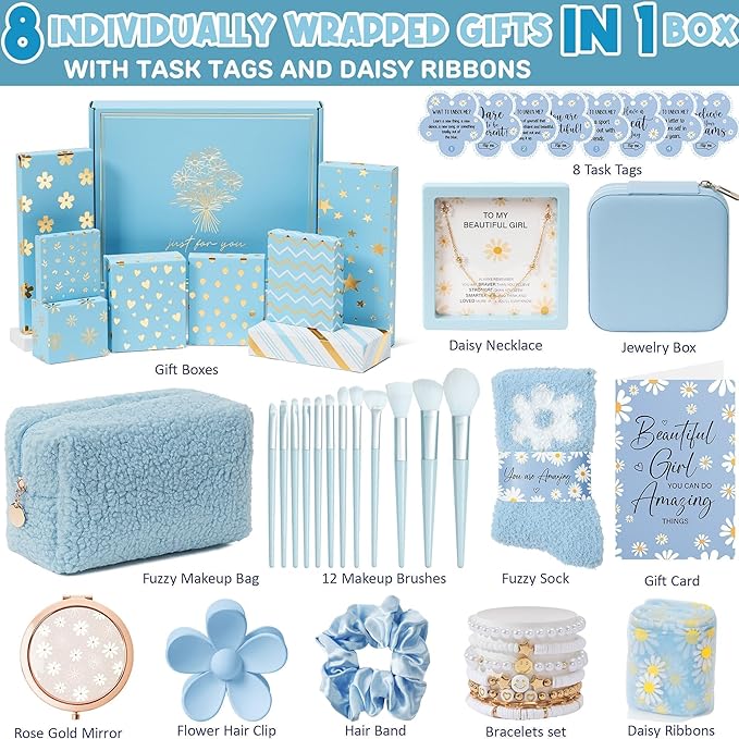 Valentines Day Gifts for Tween & Teen Girls - 8 PCS Birthday Gift Basket Teenage Girl Gifts Trendy Stuff w/ Fun Task Tags Makeup Brushes & Bag, Empower Positive Wrapped Gift Box for Daughter Niece
