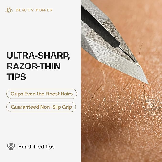 Professional Tweezers in Case - Slant, Durable Lightweight German Stainless Steel, Ultra Precision Tweezers for Eyebrows, Facial Hair, Chin, and Ingrown Hair Removal - Valentine's Gift