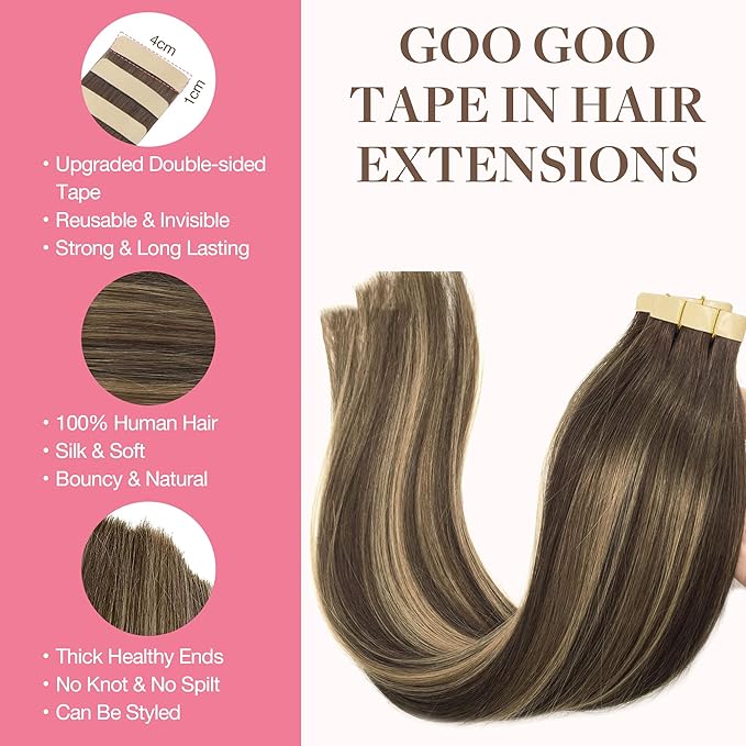GOO GOO Tape in Hair Extensions Human Hair, 4/26/4 Balayage Chocolate Brown to Honey Blonde, 18inch 50g 20pcs, Skin Weft Seamless Invisible, Silky Straight with Thick Ends, Remy Human Hair