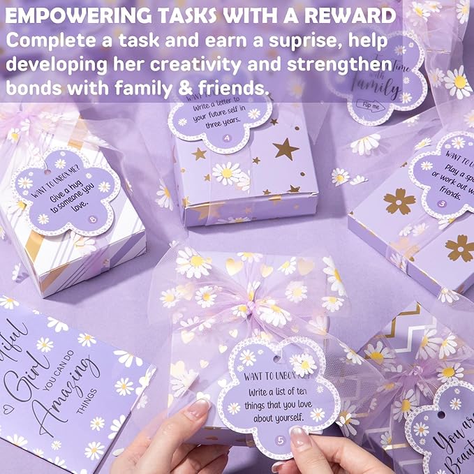 Valentines Day Gifts for Tween & Teen Girls - 8 PCS Birthday Gift Basket Teenage Girl Gifts Trendy Stuff w/ Fun Task Tags Makeup Brushes & Bag, Empower Positive Wrapped Gift Box for Daughter Niece