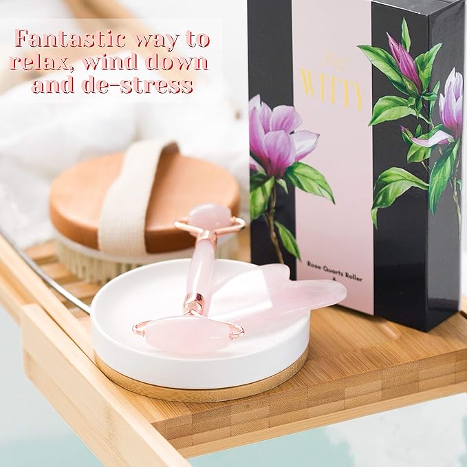 WITTY Rose Quartz Roller for Face, Gua Sha Stone Set in Hand-Drawn Giftbox - Jade Face Roller, Massager Roller, Face Scraper Tool - Guasha Tool for Face Roller Skin Care, Eyes, Neck - Extra Pouch