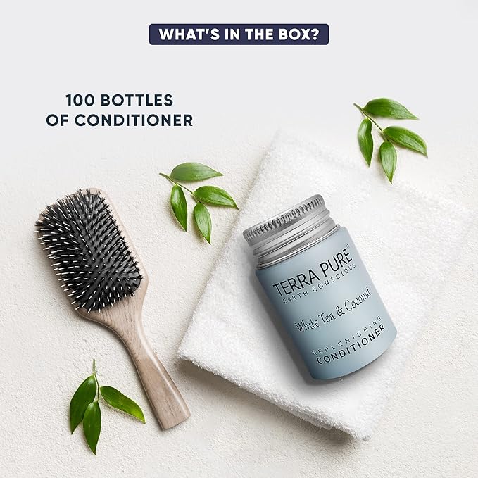 Travel Size Hotel Conditioner 100 Count 1oz Bottles Guest Amenities for Hotels Vacation Rentals & Short Term Rentals Paraben Free White Tea and Coconut Scent Infused with Aloe & Olive Oil | Terra Pure