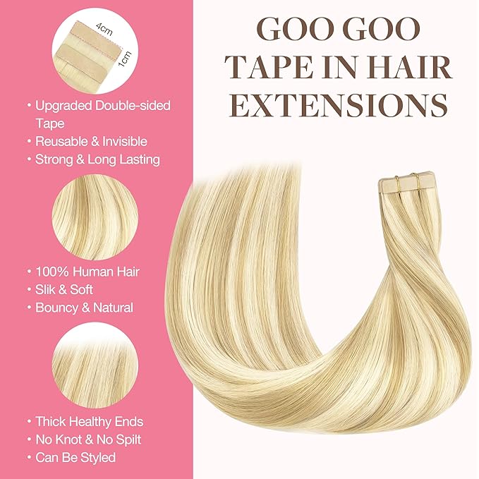 GOO GOO Tape in Hair Extensions Human Hair, 18D/22F Dirty Blonde Highlights, 20inch 50g 20pcs, Skin Weft Seamless Invisible, Silky Straight with Thick Ends, Remy Human Hair