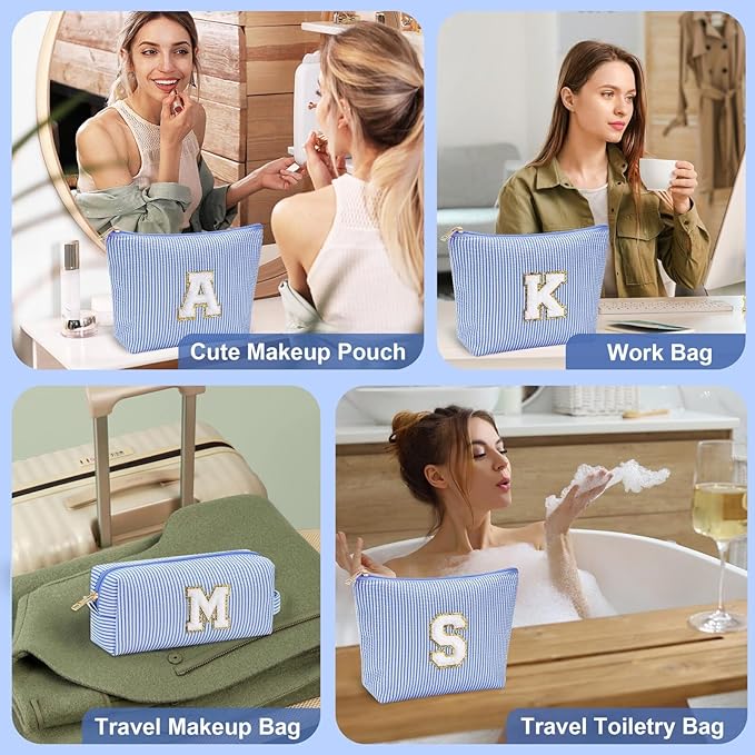 YOOLIFE Personalized Gifts for Women, Initial Makeup Bag with Makeup Pouch Cosmetics Organizer Bag Cute Makeup Bag Wedding Mothers Day Gifts Wedding Gifts for Sister Wife Friend Female Mom Blue N