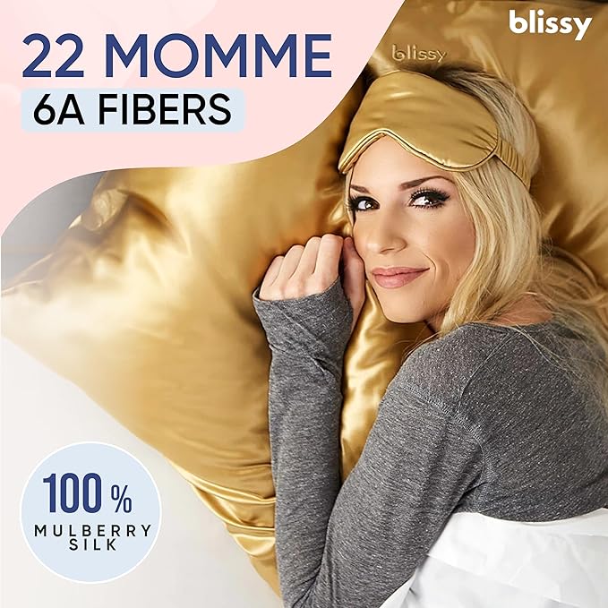 Blissy Silk Pillowcase - 100% Pure Mulberry Silk - 22 Momme 6A High-Grade Fibers - Silk Pillow Cover for Hair & Skin - Regular, Queen & King (Gold, King)