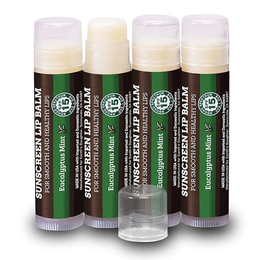 Earth's Daughter SPF Lip Balm Eucalyptus Mint 4-Pack - Lip Sunscreen, SPF 15, Organic Ingredients, Beeswax, Coconut Oil, Vitamin E - Hypoallergenic, Gluten Free