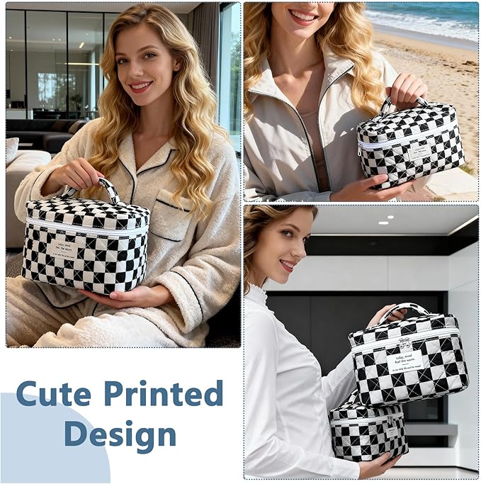 Large Makeup Bag, Cute Cosmetic Bag for Women Girls, Floral Coquette Aesthetic Toiletry Bag, Travel Make Up Organizer Bag (Black Checkered)