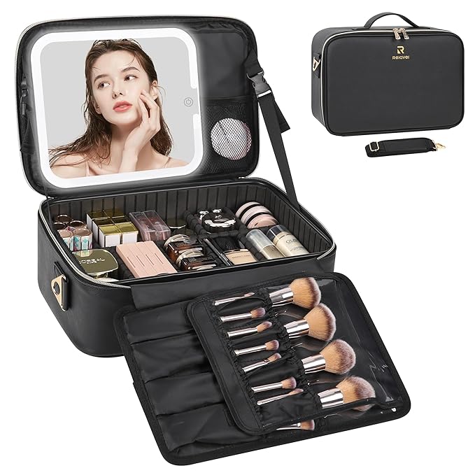 Relavel Makeup Train Case With LED Mirror, Professional Travel Cosmetic Bag with Removable Partitions, Compact Makeup Organizer with Shoulder Strap, Waterproof Travel Case for Women, Black