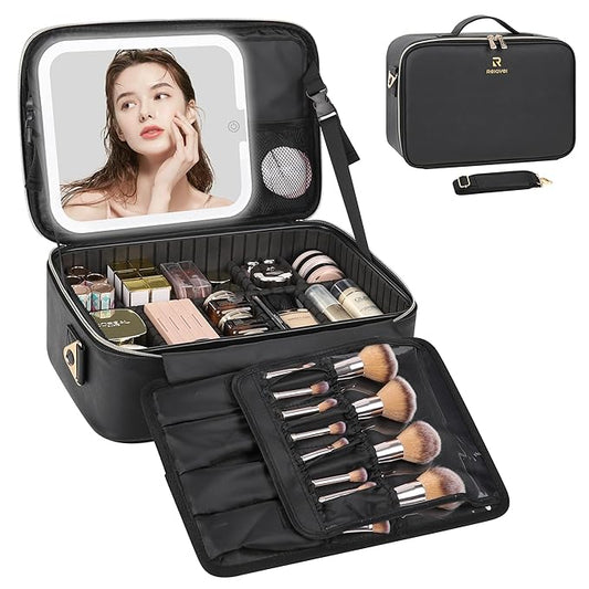 Relavel Makeup Train Case With LED Mirror, Professional Travel Cosmetic Bag with Removable Partitions, Compact Makeup Organizer with Shoulder Strap, Waterproof Travel Case for Women, Black