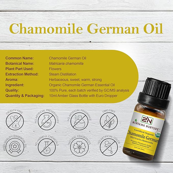 Chamomile German Essential Oil USDA Certified Organic, 100% Pure Natural Premium Grade, Undiluted- Aromatherapy Diffuser for Calm and Relaxation, Skin Care, Hair Care