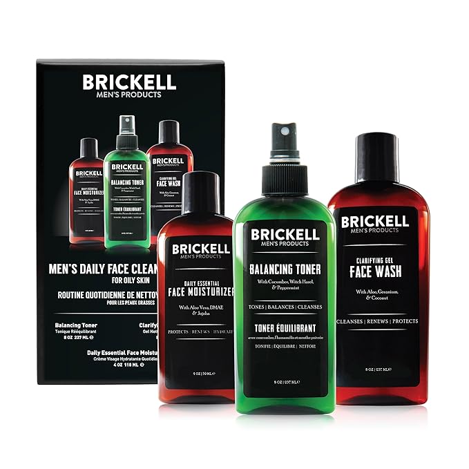 Brickell Men's Daily Face Cleanse Routine for Oily Skin, Alcohol Free Toner, Gel Facial Wash and Moisturizer, Natural and Organic, Unscented
