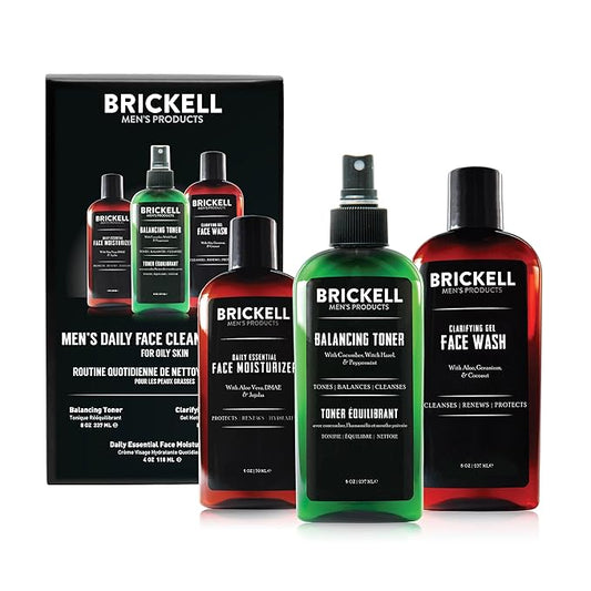 Brickell Men's Daily Face Cleanse Routine for Oily Skin, Alcohol Free Toner, Gel Facial Wash and Moisturizer, Natural and Organic, Unscented