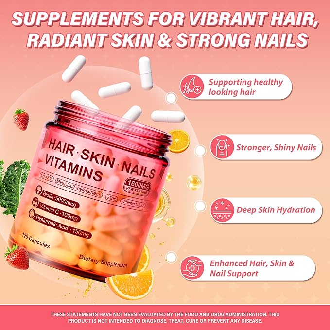Kereeao Biotin Supplement for Hair, Skin and Nails - Support Healthy Hair Growth for Women & Men - Strong Nails & Radiant Skin - with Biotin, Hyaluronic Acid, Vitamin C, D3 & K2-120 Capsules (1 Pack)