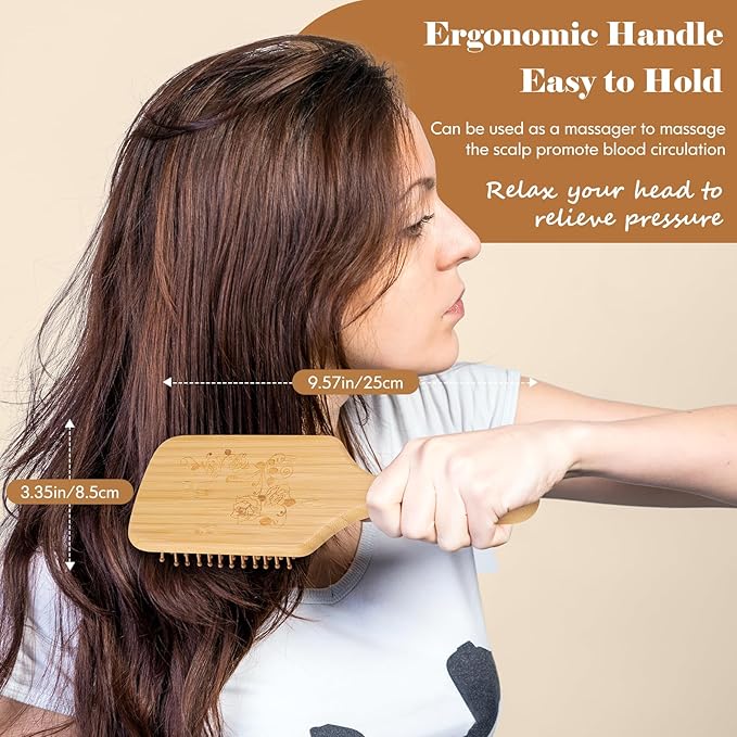 Hair Brush-Natural Wooden Bamboo Brush and Detangle Tail Comb, Paddle Hairbrush for Women Men and Kids Make Thin Long Curly Hair Health and Massage Scalp