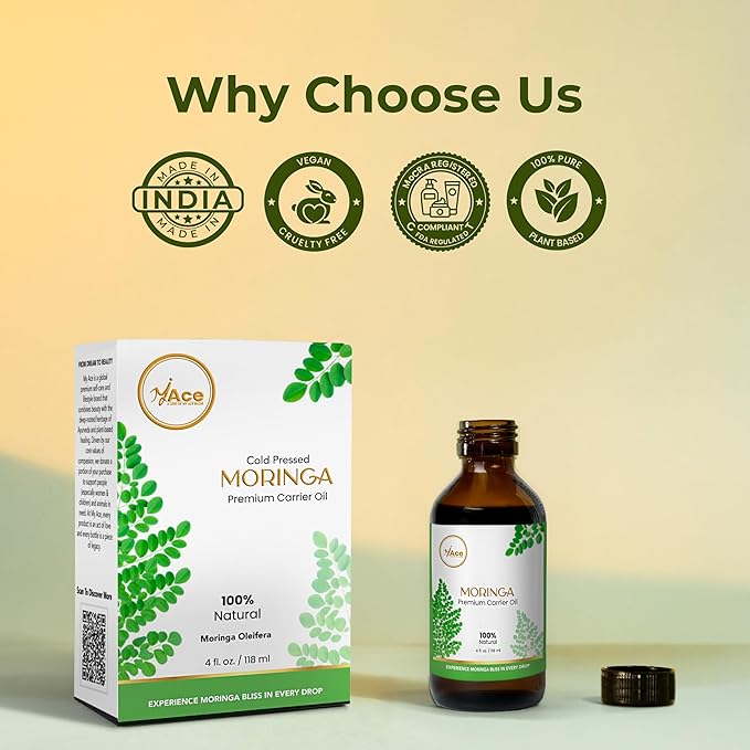 My Ace Moringa Carrier Oil | Pure Cold Pressed Unrefined Oil | Multipurpose Hair, Skin, Face & Body Oil, Aromatherapy – 4oz