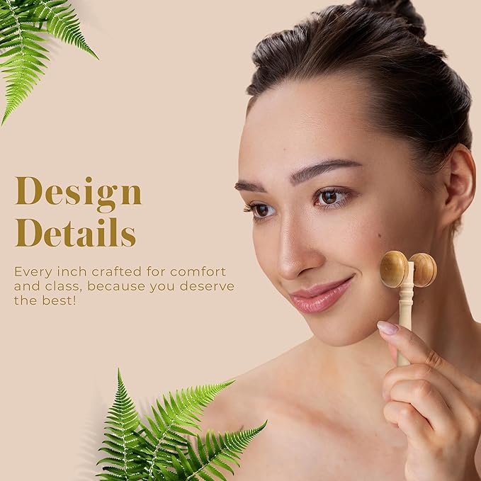 Bella Ciao 6-Piece Body and Skincare Set, Women’s Spa Gift Basket with Face Massage Roller, Hair Brush, Exfoliating Tools and Wooden Tray, Self Care Bath Accessories