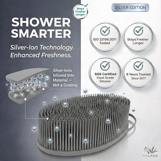 Avilana Silver Edition Exfoliating Body Scrubber - Silver-Ion Infused Silicone Bath Brush, ISO Tested Dual Sided, Stays Fresh Firm Bristles Smooth Rough Bumpy Skin Texture Loofah Alternative Women Men