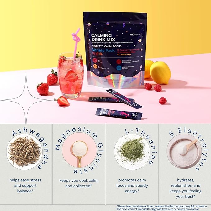 Calm Magnesium Glycinate Powdered Drink Mix with Electrolytes – Sugar Free with Ashwagandha, L-Theanine, Vitamin B6 & GABA – Cortisol Support, Stress Relief, Hydration & Focus - 30 servings (Variety)