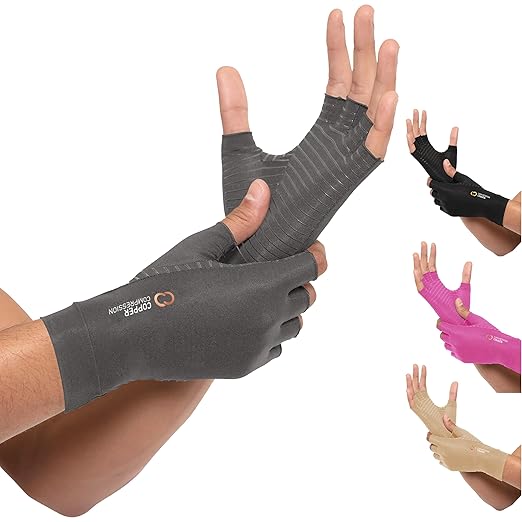 Copper Compression Arthritis Gloves | Fingerless Arthritis Carpal Tunnel Pain Relief for Men & Women | Hand Support Wrist Brace for Neuropathy, Rheumatoid, Tendonitis, Swelling, Typing Grey XS