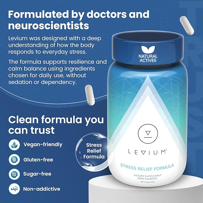 Levium Maximum Strength Stress Relief Supplement | Calm and Mood Support Supplement with KSM-66 Ashwagandha, GABA, L-Theanine, Magnesium | 90 Capsules, 30 Day Supply