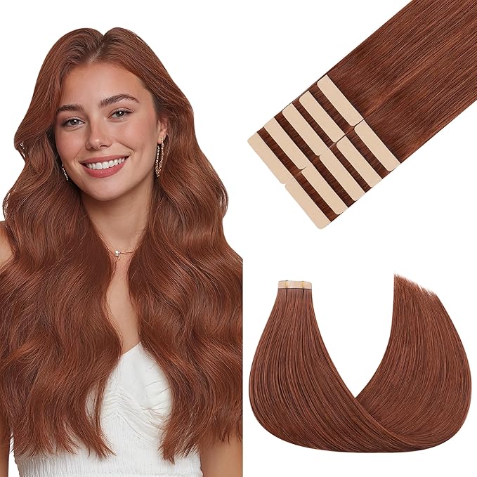 GOO GOO Tape in Hair Extensions Human Hair, #33B Dark Auburn Copper, 22inch 30g 10pcs, Skin Weft Seamless Invisible, Silky Straight with Thick Ends, Remy Human Hair
