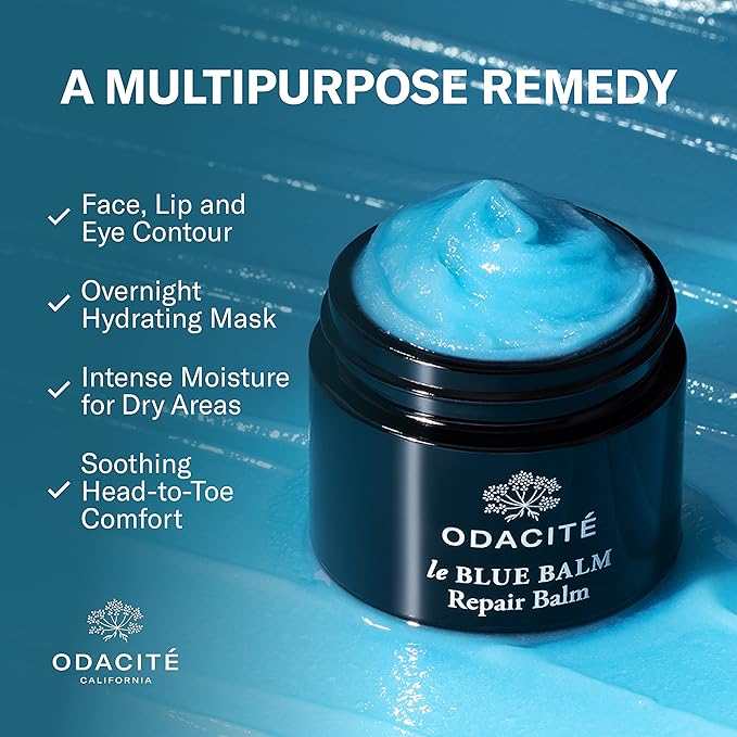 Odacité Le Blue Balm Repair Balm, Blue Chamomile & Shea Butter, Multipurpose Face & Eye Moisturizer for Dry, Mature & Sensitive Skin, Barrier-Supporting Anti-Aging Cream, 1.69 fl oz.
