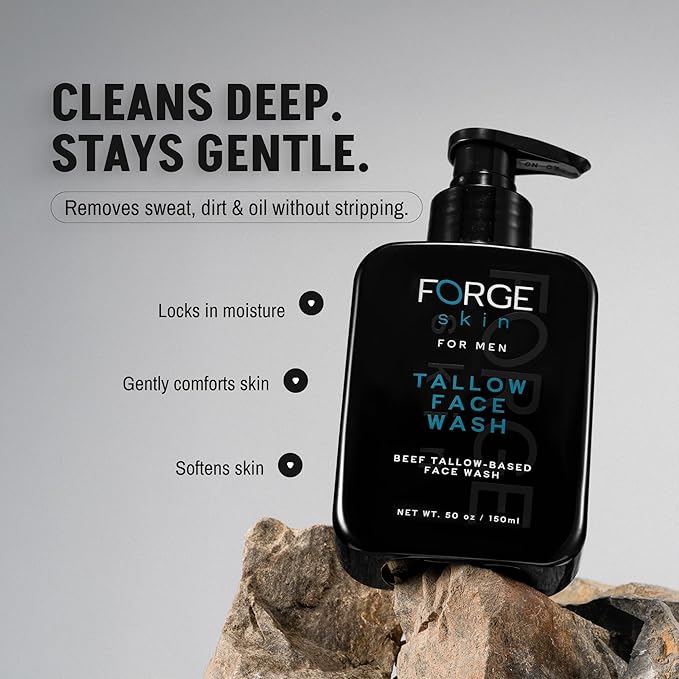 FORGE SKIN® Beef Tallow Face Wash for Men [TALLOW-BASED] - Morning Nourishing Hydrating Facial Cleanser - Gentle Cleansing Moisturizer for Hydration - Exfoliating Facial Skincare for Clean Skin (5 OZ)