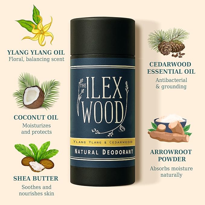 The Ilex Wood Natural Deodorant - 2.4fl oz. Handmade, Aluminum Salt Free, Plastic Free, Cruelty and Alcohol Free, Vegan, Eco Friendly Cardboard Tube – Ylang Ylang & Cedarwood (Sweet & Woody)