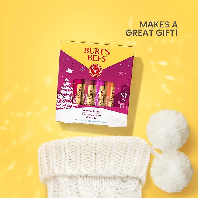 Burt's Bees Christmas Gifts, 4 Lip Balms Stocking Stuffers Products, Beeswax Bounty Fruit Mix - Watermelon, Pomegranate, Dragonfruit Lemon & Sweet Peach (Pack of 4)