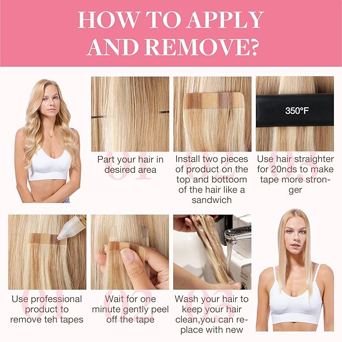 GOO GOO Tape in Hair Extensions Human Hair, 18A/613A Dark Blonde Highlighted Bleach Blonde, 24inch 50g 20pcs, Skin Weft Seamless Invisible, Silky Straight with Thick Ends, Remy Human Hair