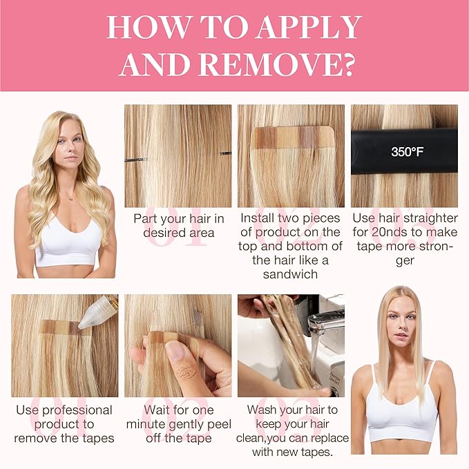 GOO GOO Tape in Hair Extensions Human Hair, 18AT60A Pearl Ash Blonde Highlights, 20inch 100g 40pcs, Skin Weft Seamless Invisible, Silky Straight with Thick Ends, Remy Human Hair