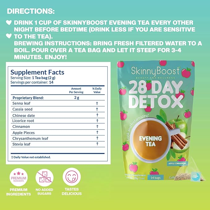 Skinny Boost Detox Tea Kit Slimming Tea for Weight, Metabolism, Energy, Bloating & Colon Cleanse – Green Tea, Herbal, Vegan, Keto, Non-GMO, Sugar-Free-2 PACK –1 Daytime Hibiscus (28 Bags) + 1 Evening Apple -(14 Bags)