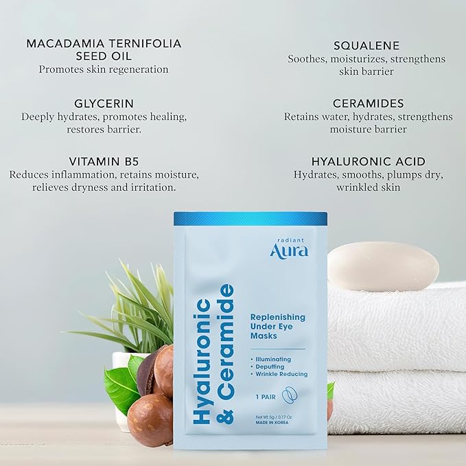 Radiant Aura Hyaluronic Acid & Ceramide Under Eye Patches - Dermatologist Tested, Anti Aging, Korean Skin Care - Anti Wrinkle Pads For Puffy Eyes And Under Eye Bags - Vegan, Clean Beauty - 15 Pairs