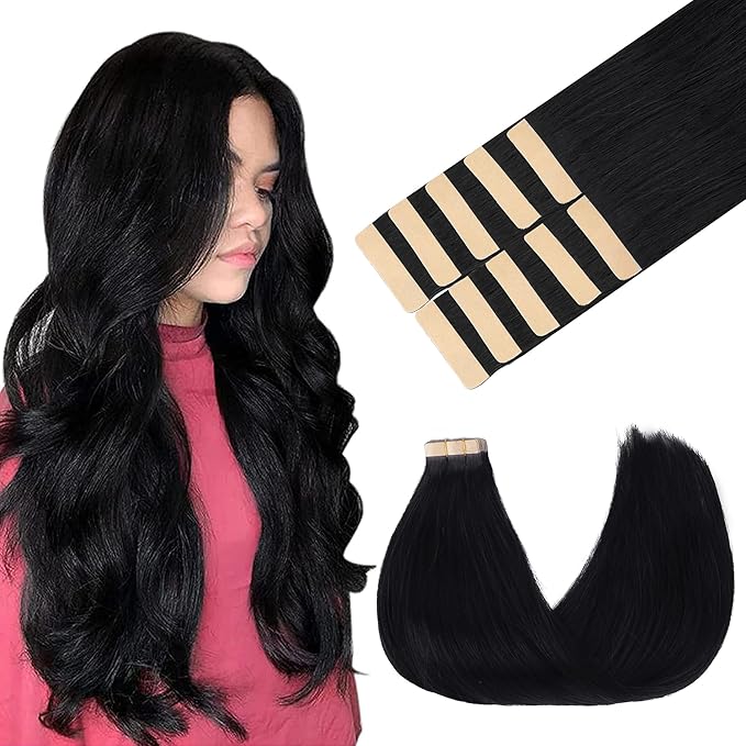 GOO GOO Tape in Hair Extensions Human Hair, 1 Jet black, 22inch 30g 10pcs, Skin Weft Seamless Invisible, Silky Straight with Thick Ends, Remy Human Hair