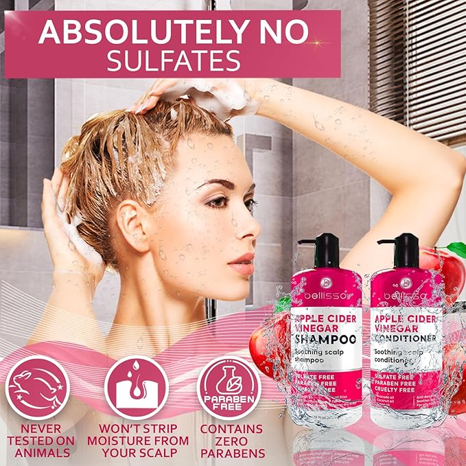 Apple Cider Vinegar Shampoo and Conditioner Set - Stop Flaky and Itchy Scalp – Sulfate Paraben Free Anti Dandruff Soothing Treatment for Dry, Oily and Damaged Hair - Intense Care for Women and Men