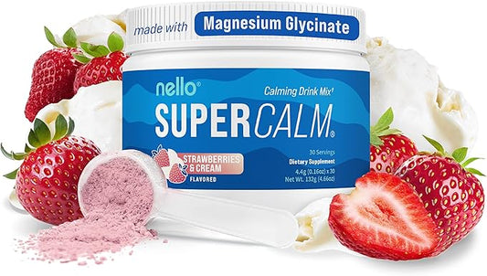 Nello Supercalm Powdered Drink Mix Tub, Cortisol Reducer* and Sleep Aid Supplement, L Theanine, Ksm-66 Ashwagandha, Magnesium Glycinate, Vitamin D 3, No Sugar, Non GMO, 30 Ct, Strawberries & Cream
