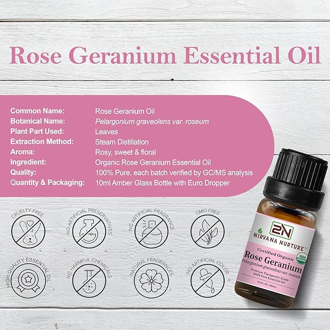 Rose Geranium Essential Oil USDA Certified Organic, 100% Pure Natural Premium Grade, Undiluted