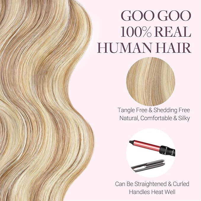 GOO GOO Tape in Hair Extensions Human Hair, 18F/60A Balayage Light Wheat Platinum Blonde, 20inch 50g 20pcs, Skin Weft Seamless Invisible, Silky Straight with Thick Ends, Remy Human Hair