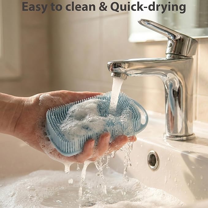 2 PC Silicone Body Scrubber, 2 in 1 Exfoliating Shower Bath Scrubber, Soft Silicone Loofah for Sensitive Skin, Shower Hair Scalp Massager, Easy to Clean, Lather Well (Grey&Blue)
