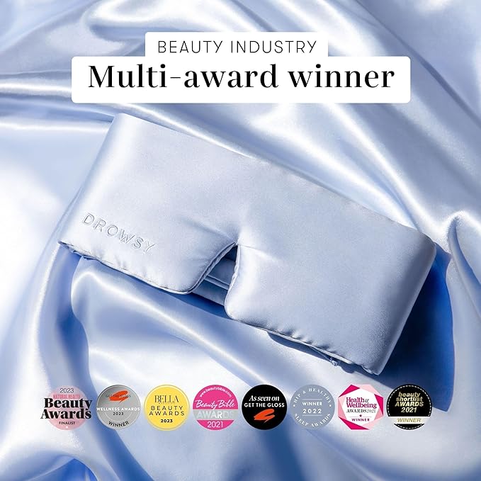 DROWSY Silk Sleep Mask - Face-Hugging, Padded Cocoon for Luxury Sleep in Total Darkness - 100% Pure Mulberry Silk (Blue Belle)