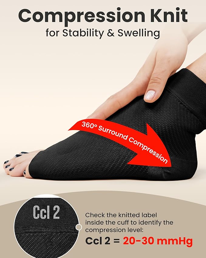 KEMFORD Ankle Compression Sleeve - 1-Pair, Plantar Fasciitis Braces - Open Toe Compression Socks for Swelling, Sprain, Neuropathy, Foot Arch Support for Men and Women - 20-30mmhg, 3XL, Black