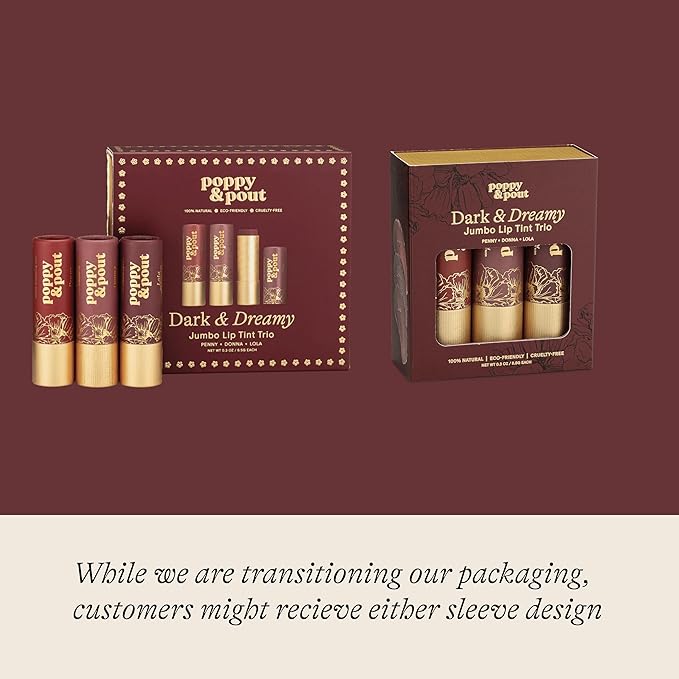 Poppy & Pout All Natural Lip Tints, Sustainable Cardboard Tubes, Hand-filled, Beeswax, Vitamin E, Coconut Oil, Cruelty Free (Dark & Dreamy Trio)