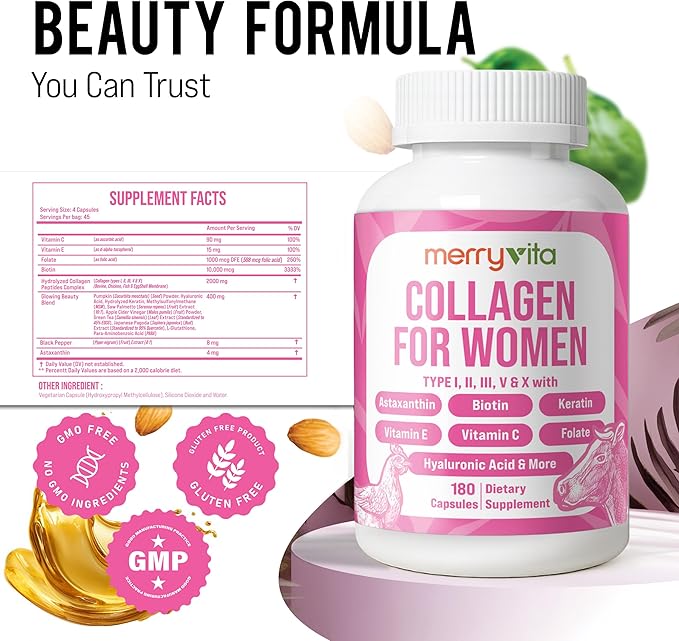 Collagen for Women – Hydrolyzed Multi Collagen Peptides Types I, II, III, V & X – Collagen Supplement with Vitamin C, Biotin & Hyaluronic Acid – Grass Fed, Non-GMO - 180 Capsules (Pack of 1 Bottle)