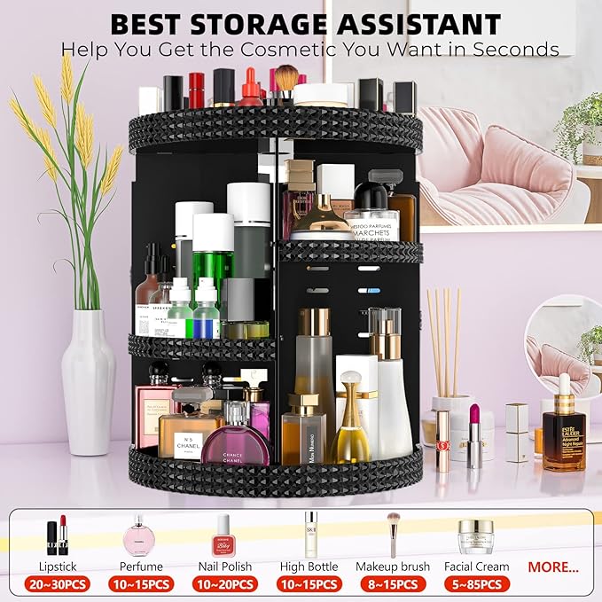 360 Degree Rotating Makeup Organizer for Vanity, Extra Large Capacity Beauty Organizer, Adjustable DIY 7 Layers Perfume Organizer, Skincare Organizers Fits AII Cosmetics and Accessories(Black)