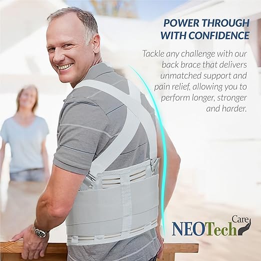 NeoTech Care Back Brace with Suspenders for Work - Industrial Lifting Safety, Elastic Compression, Hook & Loop Closure (Gray, Size XXL)
