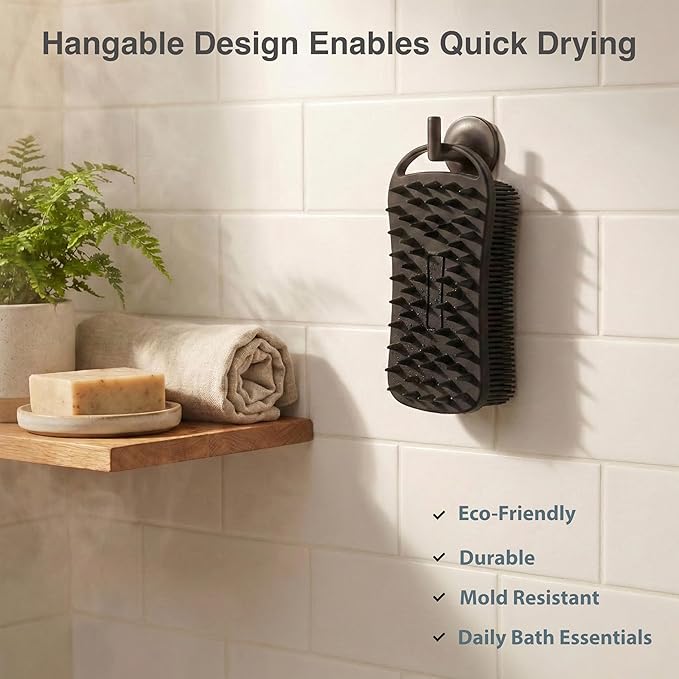 2 PC Silicone Body Scrubber, 2 in 1 Exfoliating Shower Bath Scrubber, Soft Silicone Loofah for Sensitive Skin, Shower Hair Scalp Massager, Easy to Clean, Lather Well (Grey&Black)