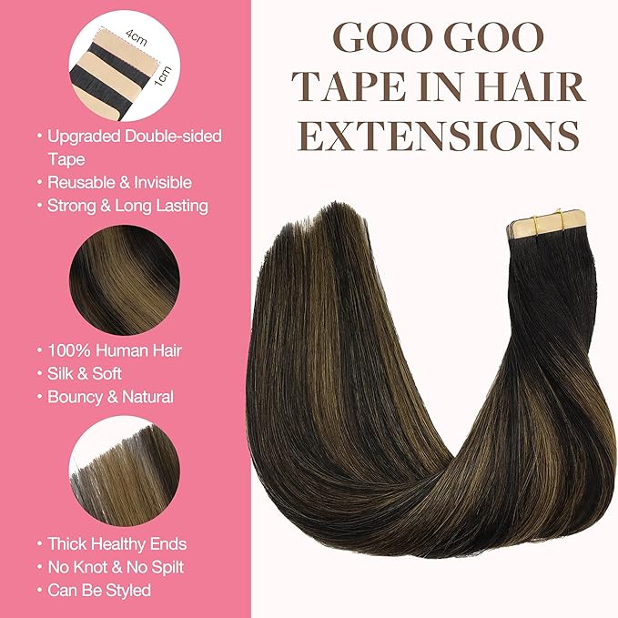 GOO GOO Tape in Hair Extensions Human Hair, 1B/6/1B Balayage Natural Black to Chestnut Brown, 20inch 100g 40pcs, Skin Weft Seamless Invisible, Silky Straight with Thick Ends, Remy Human Hair