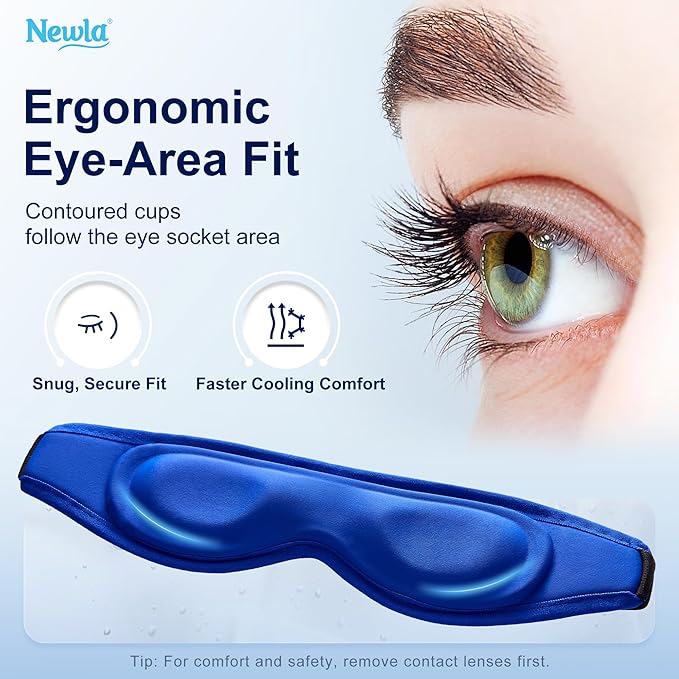Contoured Cooling Gel Eye Mask: Snug Fit Cold Compress for Puffiness Migraines Dark Circles Sinus Eye Strain - Fits All Head Sizes - Daily Relaxation Beauty Care Travel (Blue)