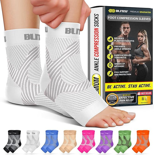 BLITZU Compression Socks for Plantar Fasciitis, Achilles Tendonitis, Arthritis Relief, Ankle Brace Compression Sleeve with Foot Arch Support, Ankle Wrap for Women, Men, Swelling & Heel Pain White S-M
