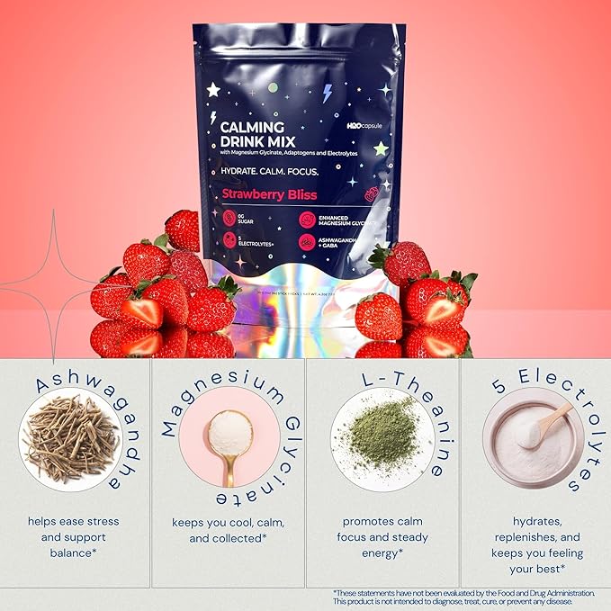 Calm Magnesium Glycinate Powdered Drink Mix with Electrolytes –Sugar Free with Ashwagandha, L-Theanine, Vitamin B6 &GABA – Cortisol Support, Stress Relief, Hydration & Focus - 20 servings (Strawberry)